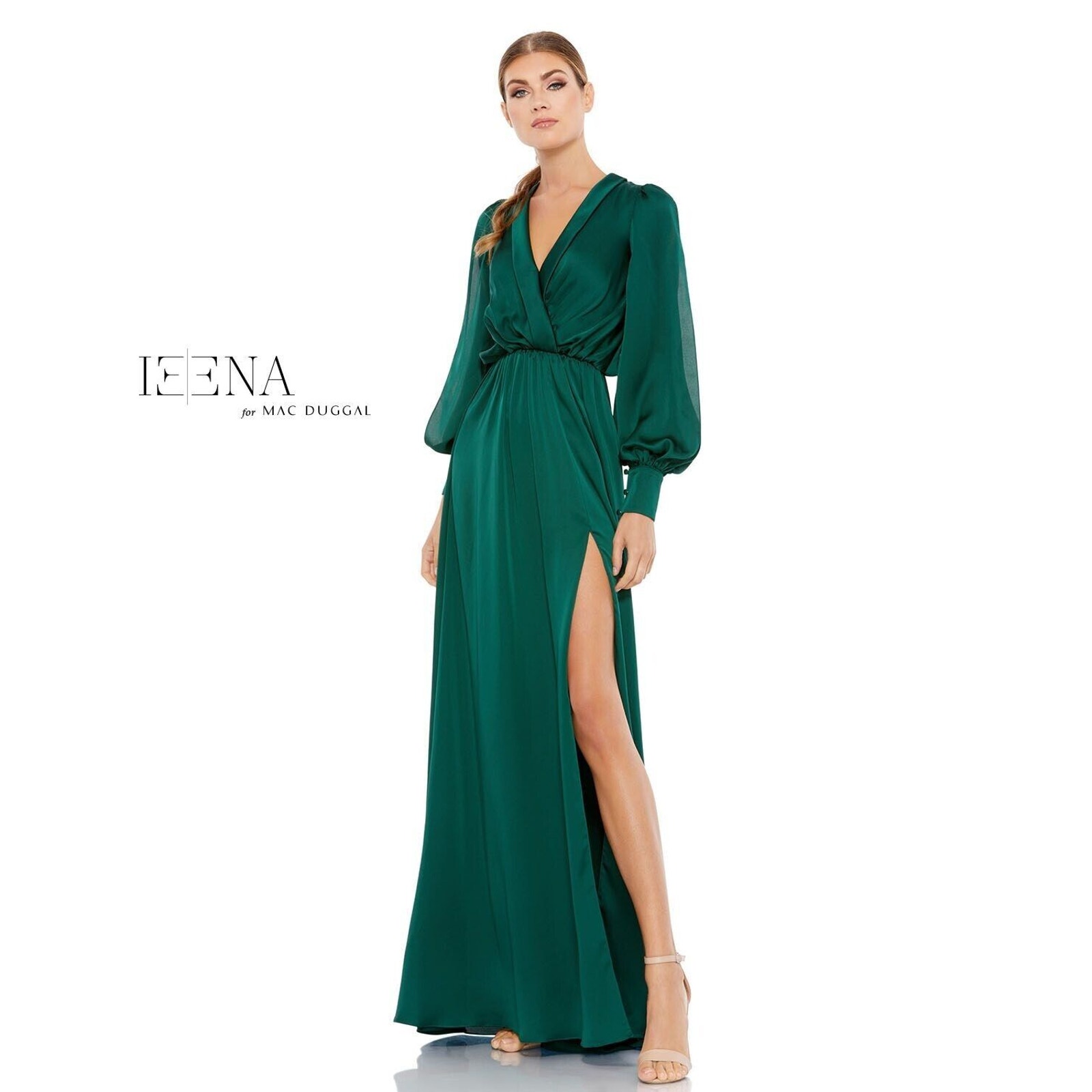 Nwt Mac Duggal Emerald Sz 14 Bishop Sleeve Faux Wrap Satin Gown 49146